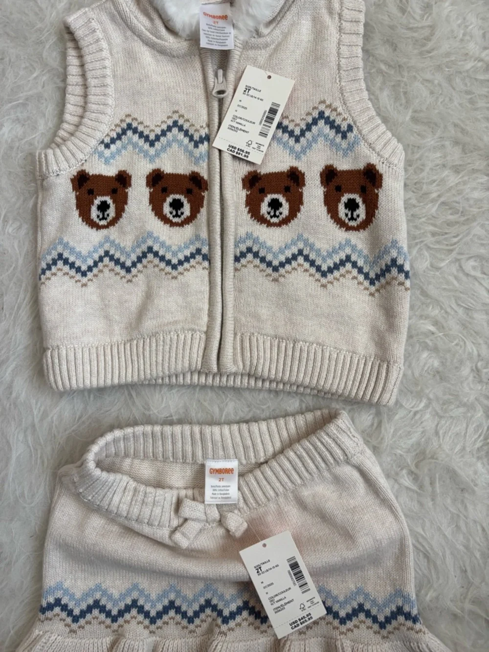 Gymboree NWT Girls Cream Knit Hooded Vest & Skirt Set with Teddy Bear Design